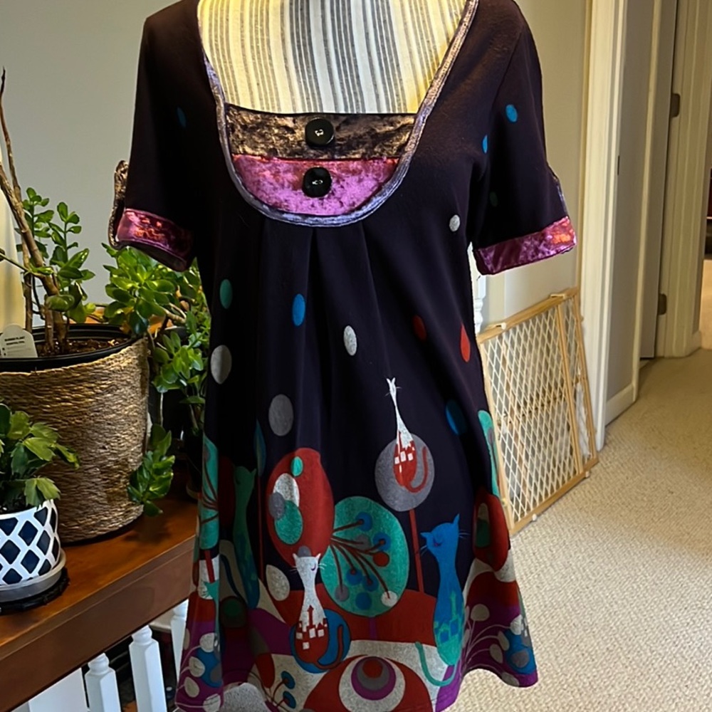 Pure Vida Multicolor Graphic Dress with Velvet Trim